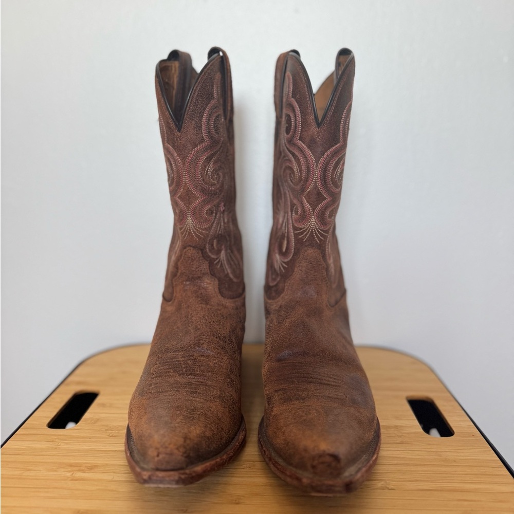 Tony Lama Brown Embroidered Leather Heeled Cowboy Boots